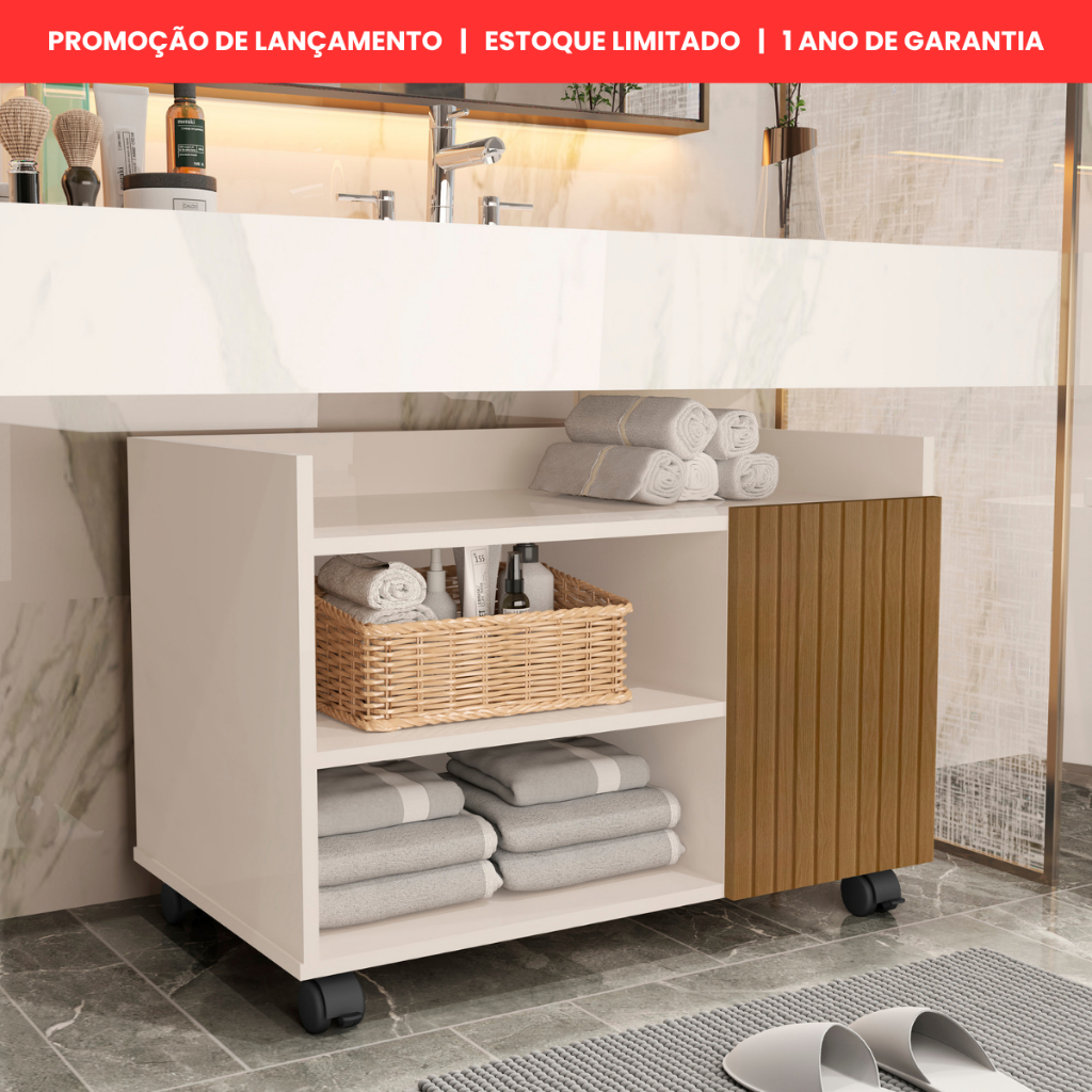 Armário Multiuso Organizador para Banheiro ou Lavabo com Rodízio Porta Prateleiras e Nichos
