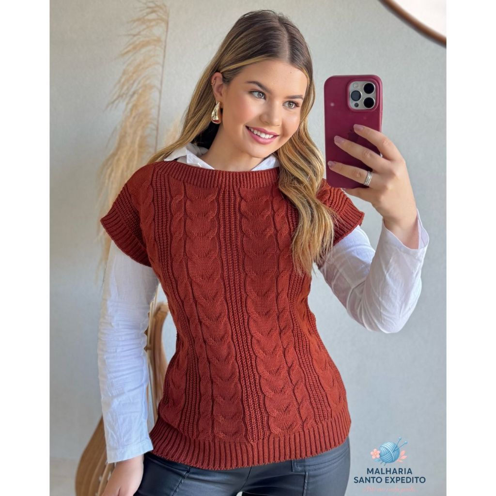 Colete Trança Feminino Tricot Detalhe em Trança Gola Redonda Tricô Moda Outono/Inverno