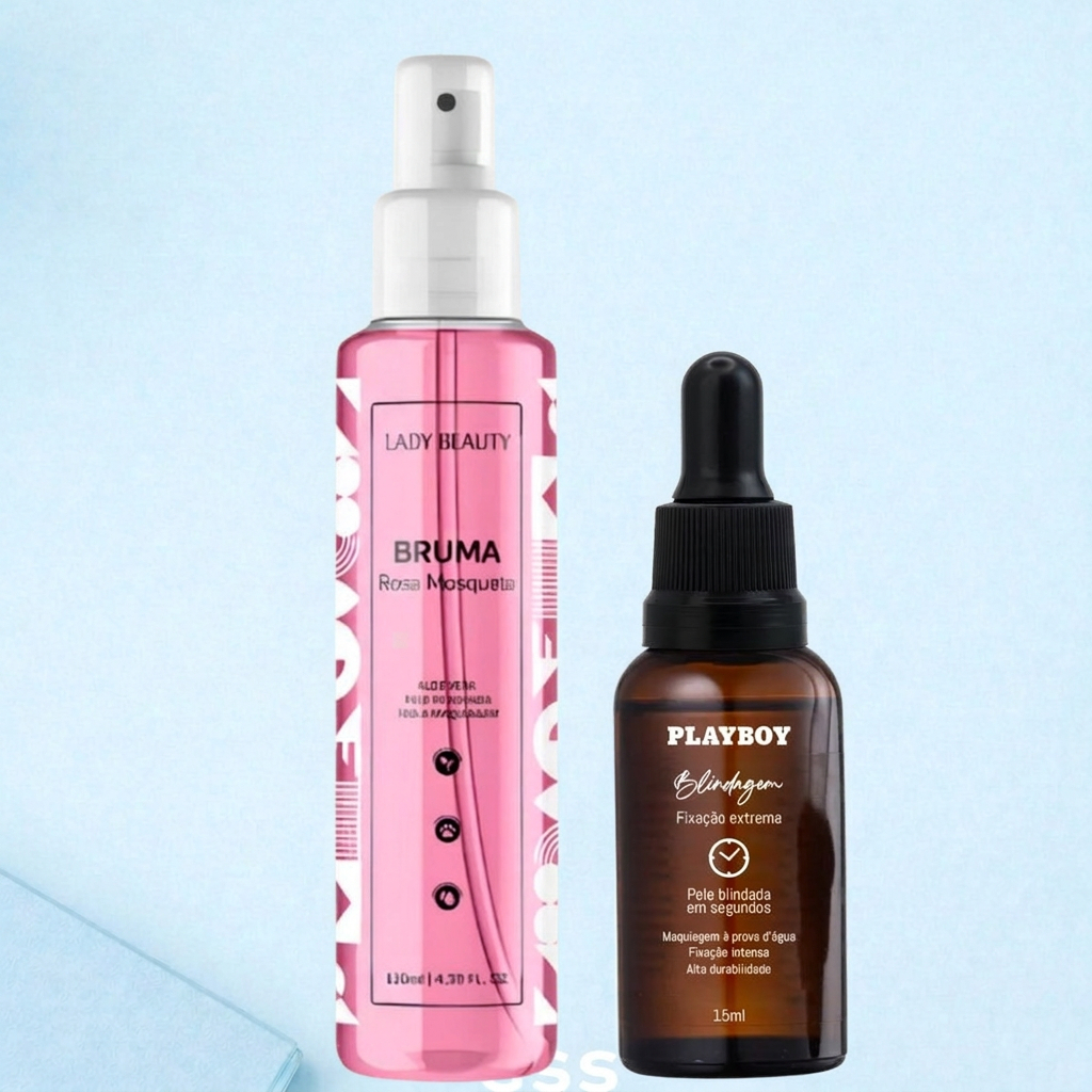 Kit Blindagem Playboy Fixação Extrema 15ml + Bruma Rosa Mosqueta Lady Beauty 130ml – Make Fixa e Hidratada