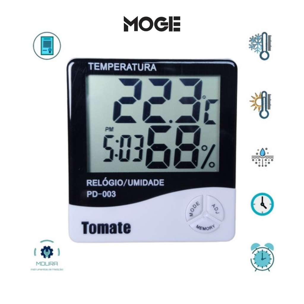 Termo Higrômetro Digital com Relógio | Temperatura e Umidade | Mesa/Parede