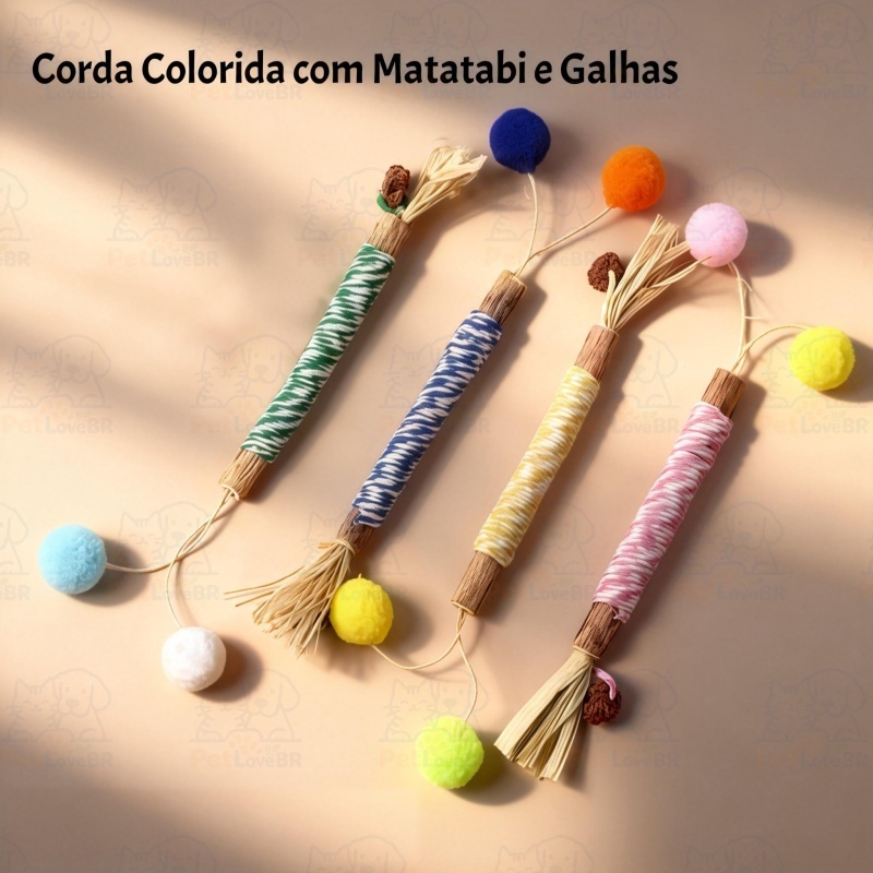 Mordedor Felino: Bastão de Matatabi, Galhas, Ráfia e Corda Colorida - Estimulação e Diversão Garantida