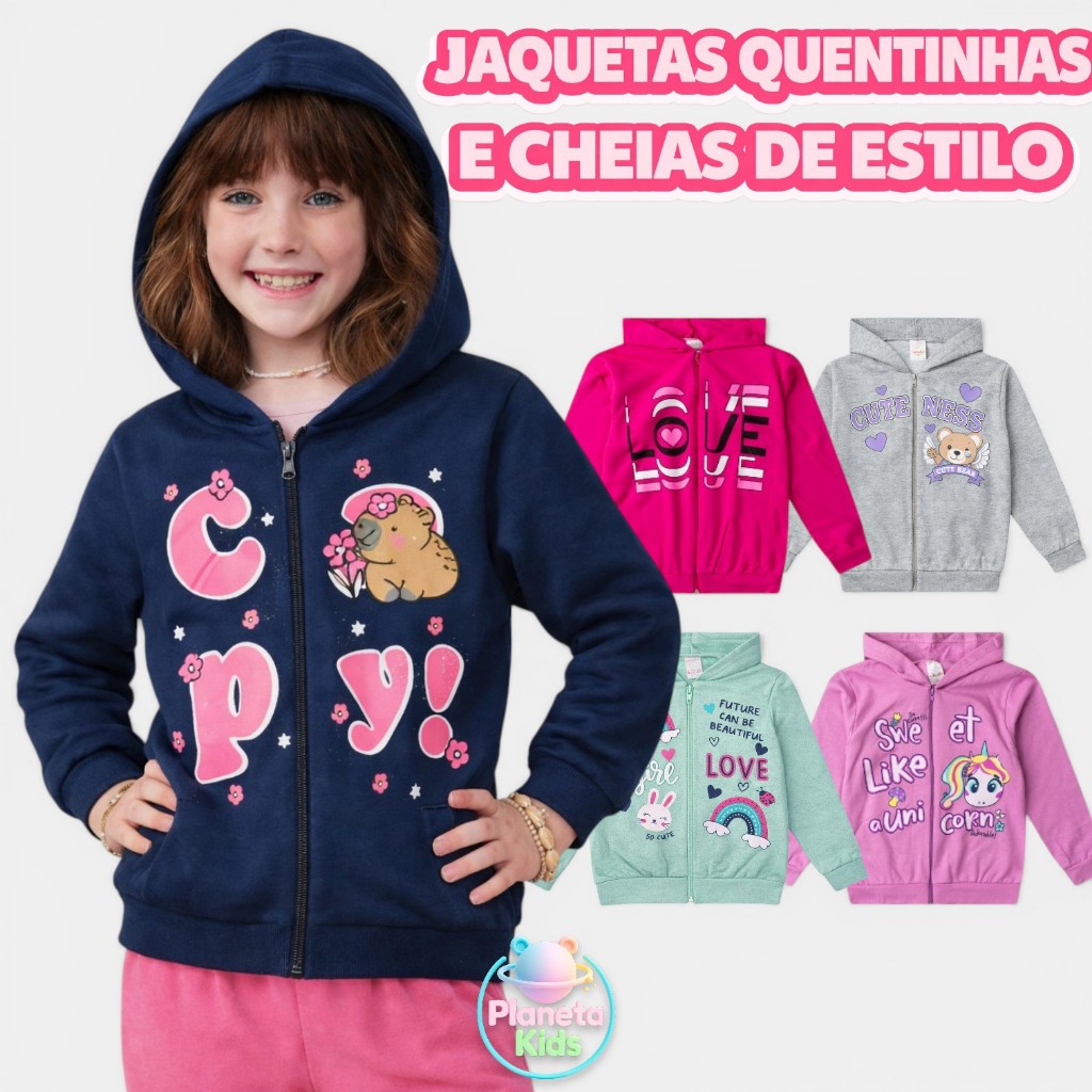 Kit 3 Jaquetas Infantil Juvenil Feminino Inverno Premium com Ziper e Capuz
