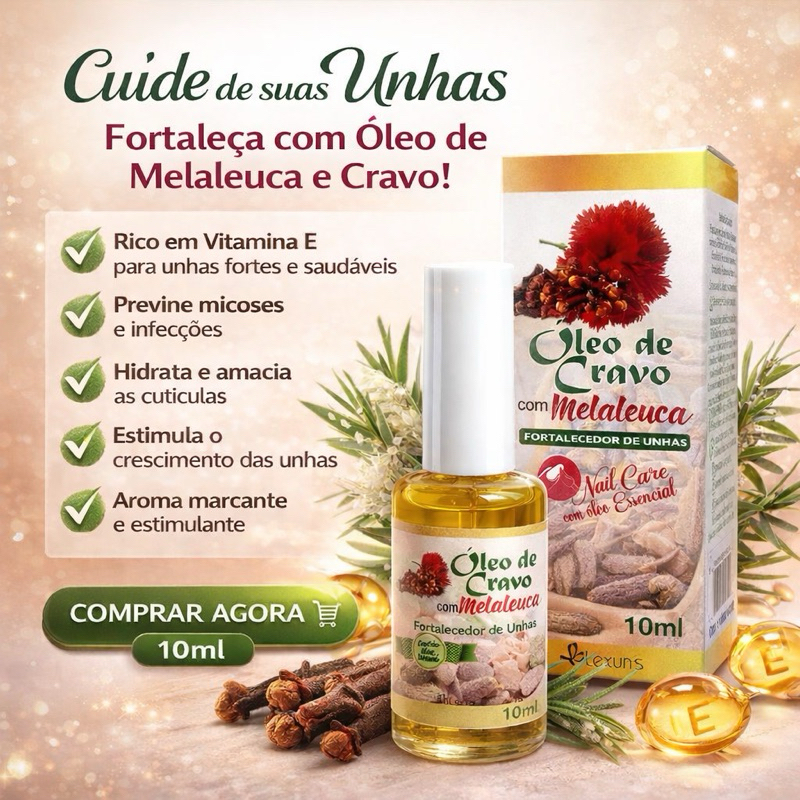 Fortalecedor de Unhas Óleo de Cravo com Melaleuca 10ml Esmalte Sem Formol 100% Natural