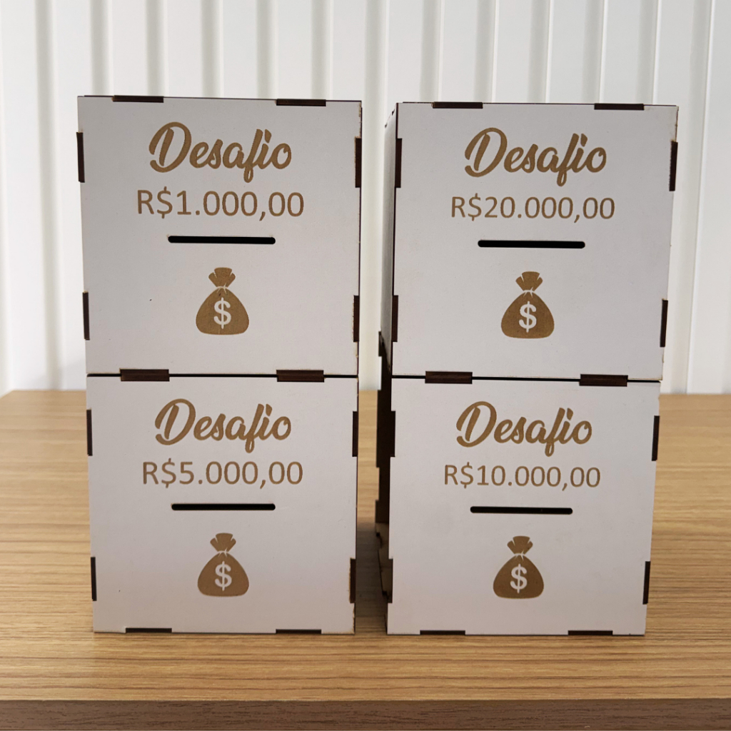 Cofre Desafio 1Mil 5Mil 10Mil 20Mil Cofrinho Quadrado Caixa Dinheiro Poupança MDF Premium Laminado