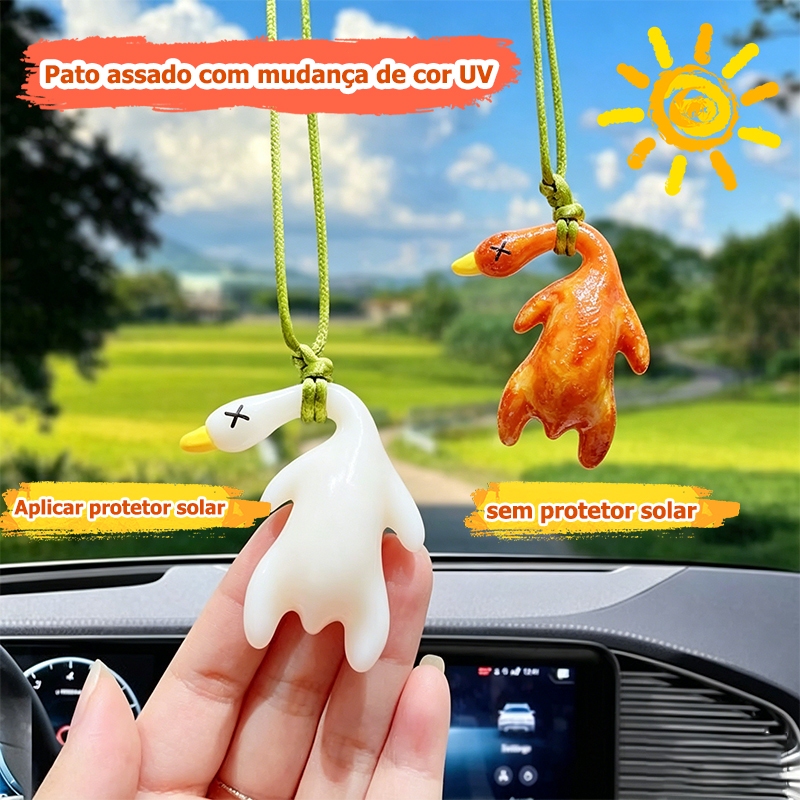 O pato protetor solar muda de cor quando exposto ao sol, mas não muda de cor quando aplicado com protetor solar.
