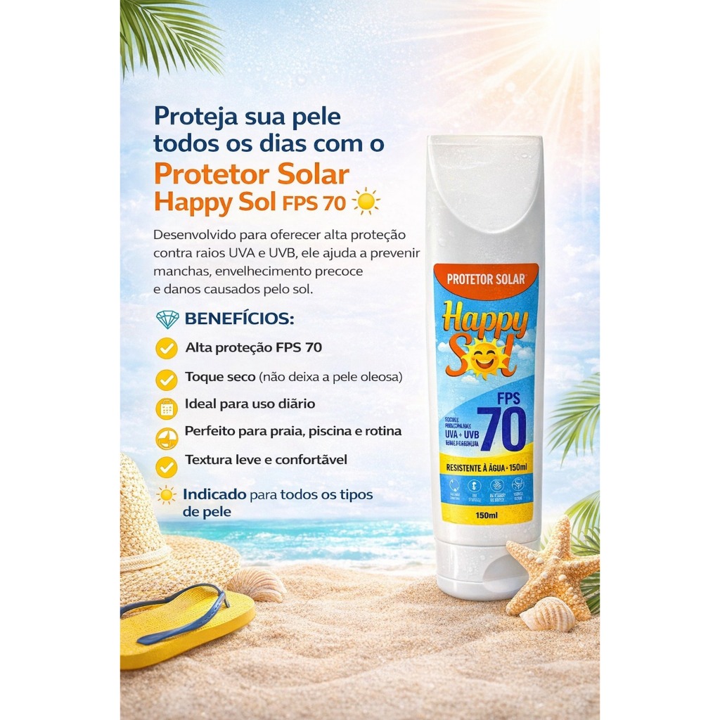Protetor Solar FPS 70 Toque Seco Rosto e Corpo UVA UVB Resistente Água