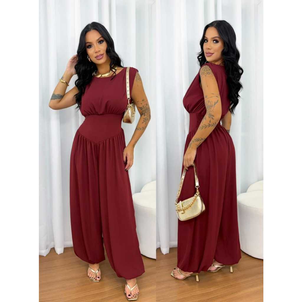 macacão Aladim feminino elegante de tecido DUNA com ombreiras forrado