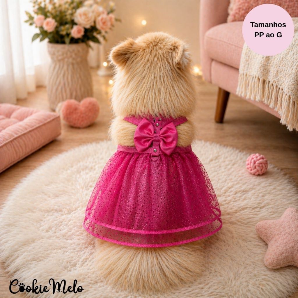 Coleira Peitoral Pet Gato Cachorro Com Saia e Laço Fema Vestido Roupa Passeio