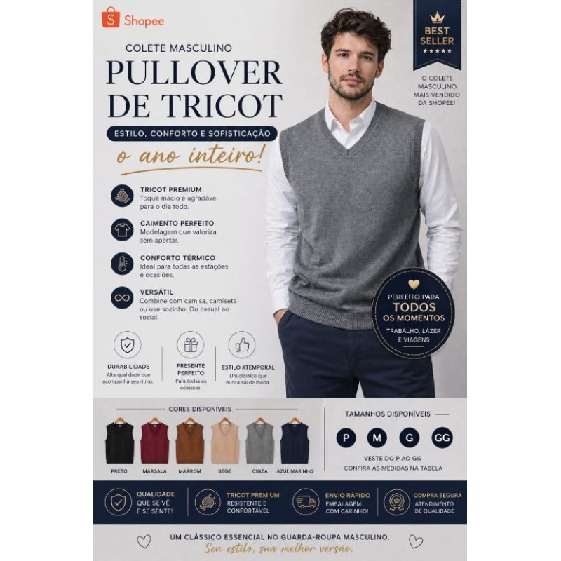 Colete Masculino Pullover - Tricot Premium - Atemporal - Decote V - sem manga - macio e confortável Colete Clássico