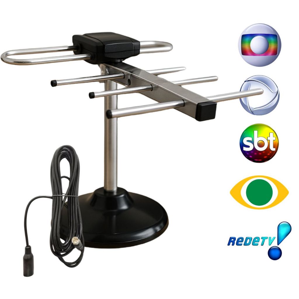 Antena Digital Interna e externa HDTV com cabo 5 Metros Base VHF UHF FM