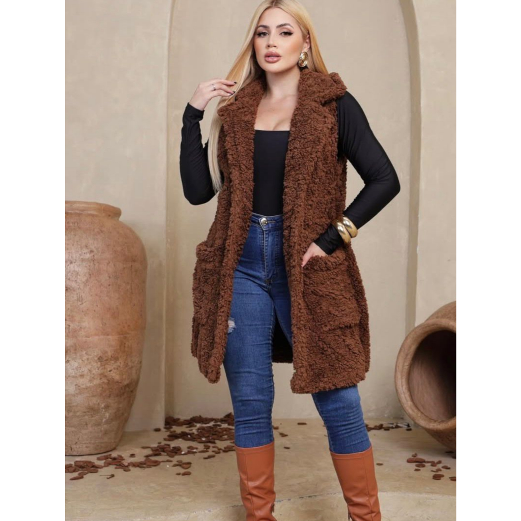 Colete Teddy Feminino Longo Soltinho Pelúcia Inverno Marrom Colete Teddy Feminino Longo Soltinho Pelúcia Inverno Marrom