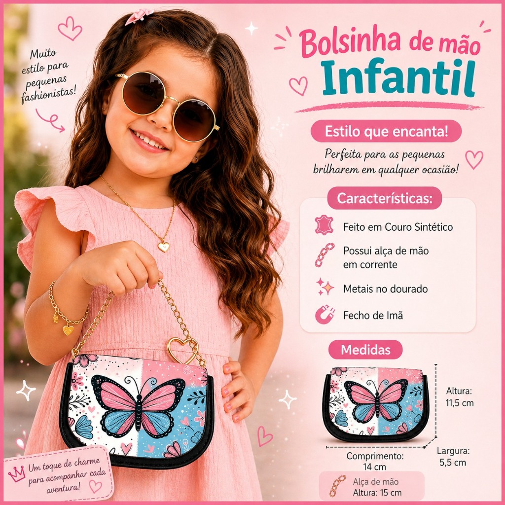 Bolsinha Petit infantil de mão com alça de corrente / Vários Temas: