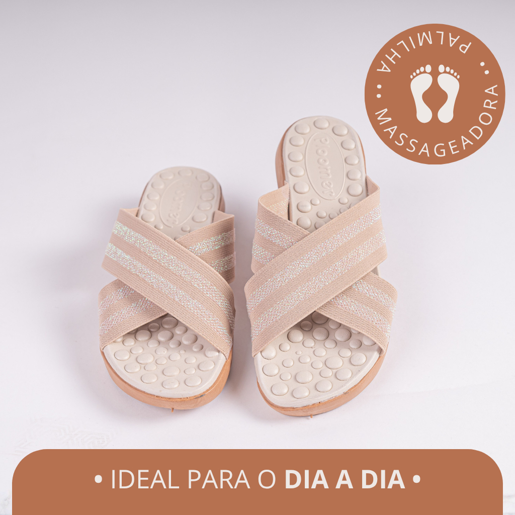 Chinelo Ortopédico Feminino com Tiras Elásticas e Brilho Super Conforto com Palmilha Massageadora