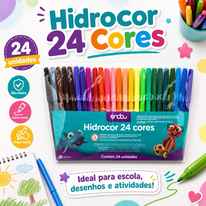 Caneta Hidrocor 24 Cores Canetinha Hidrografica, Hidrocolor, Escolar Arte Pintura Material Escolar,Leo Leo ou Onda Pro