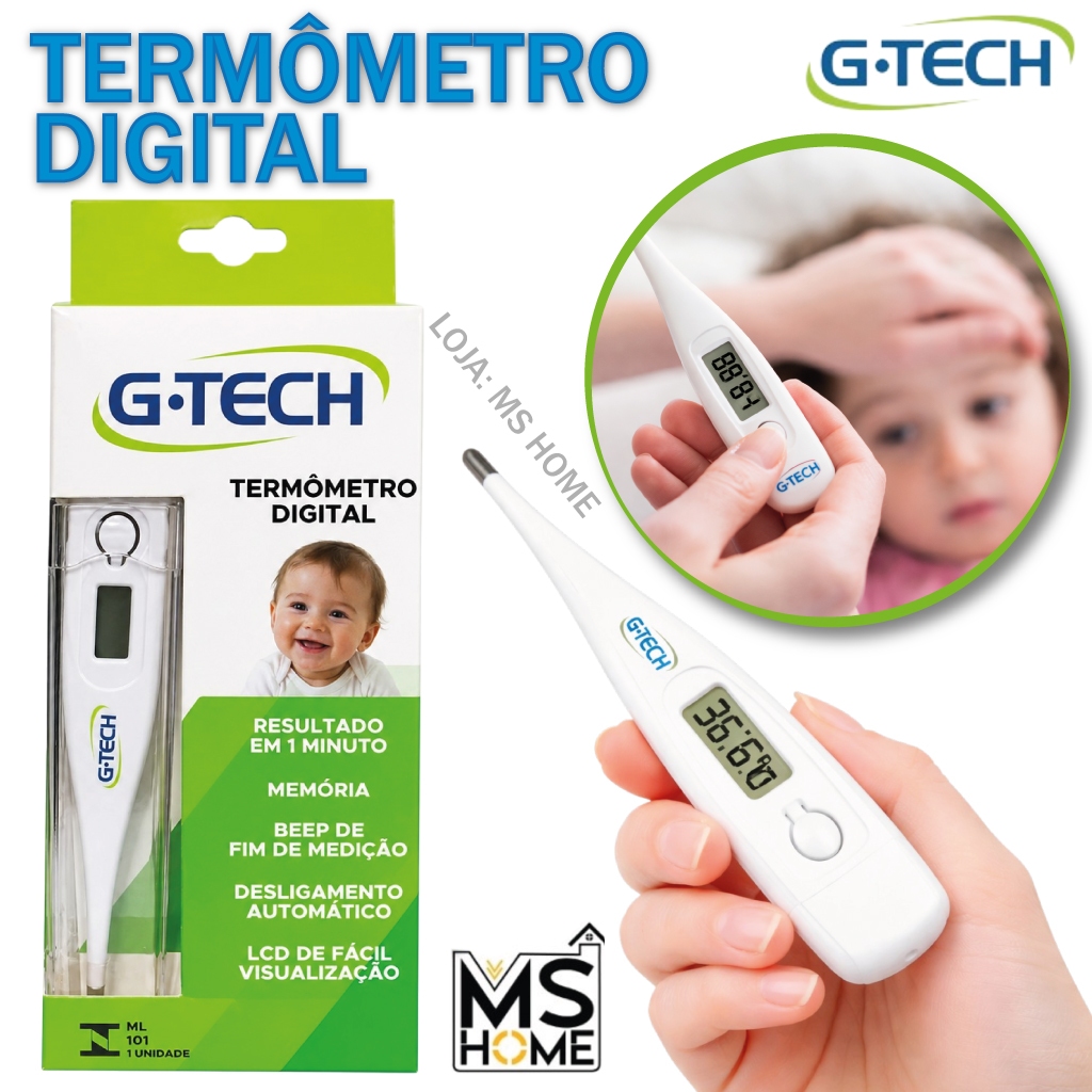 Termômetro Digital - Branco - G-Tech - Resultado em 01 minuto - Com Bip - Resistente a água - Clin