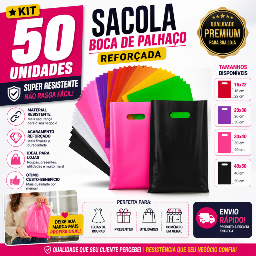 Kit 50 Sacolas Boca de Palhaço Reforçadas 16x22 - 20x30 - 30x40 -  40x50 - Premium para loja