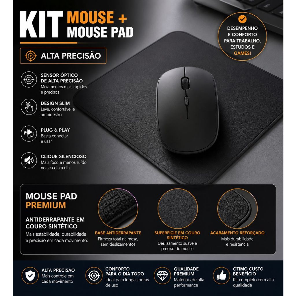 Kit Mouse Alta Precisão + Mouse Pad Antiderrapante Couro Sintético Profissional