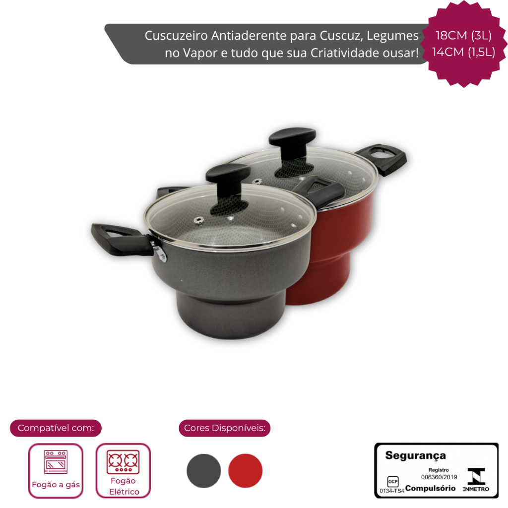 Cuscuzeira Antiaderente 18CM (3L) com Tampa de Vidro Alegrete