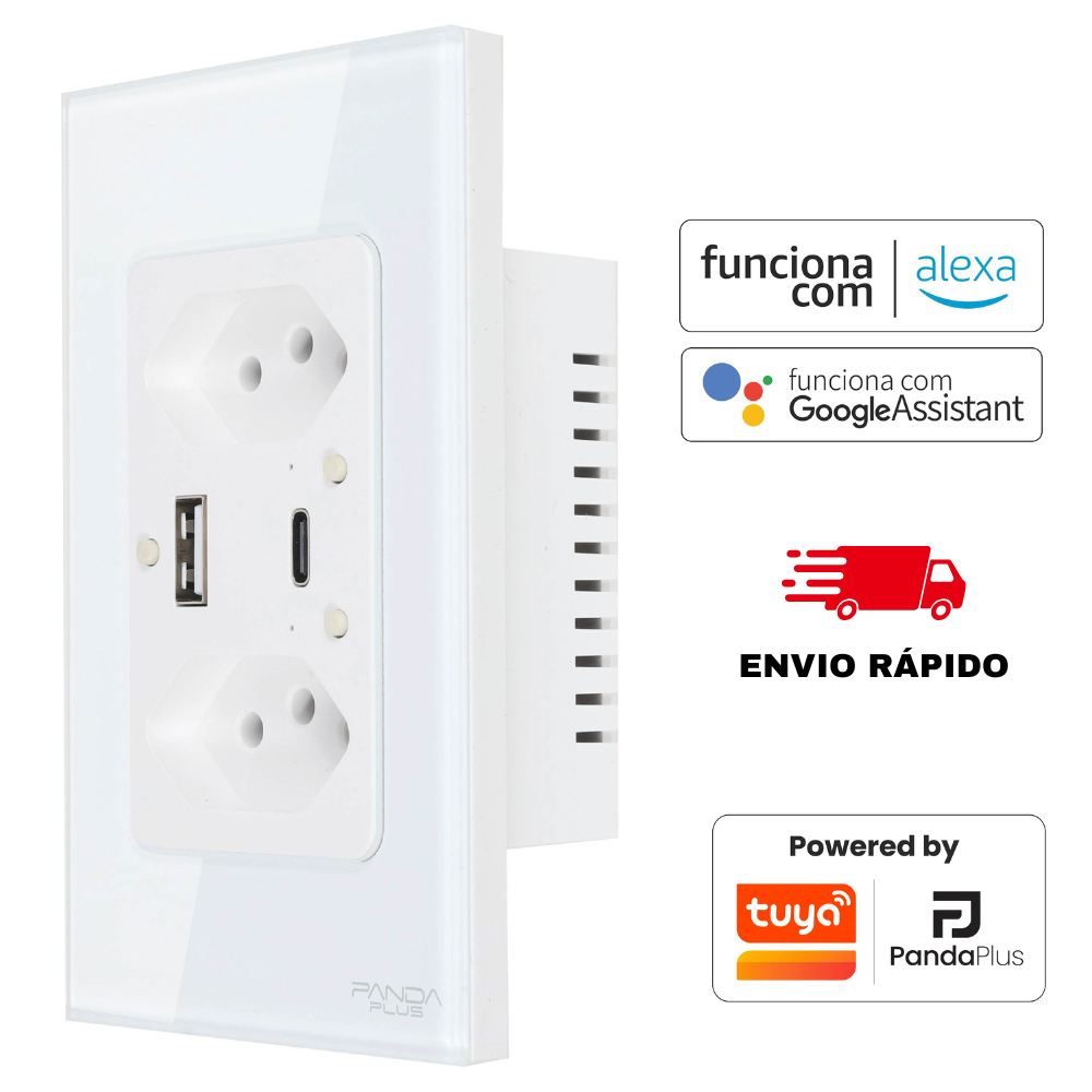 Tomada Inteligente Wifi Dupla USB-A/C Carrega Rápido 10A Bivolt Smartlife Tuya Panda Plus Alexa Google Controle Voz App