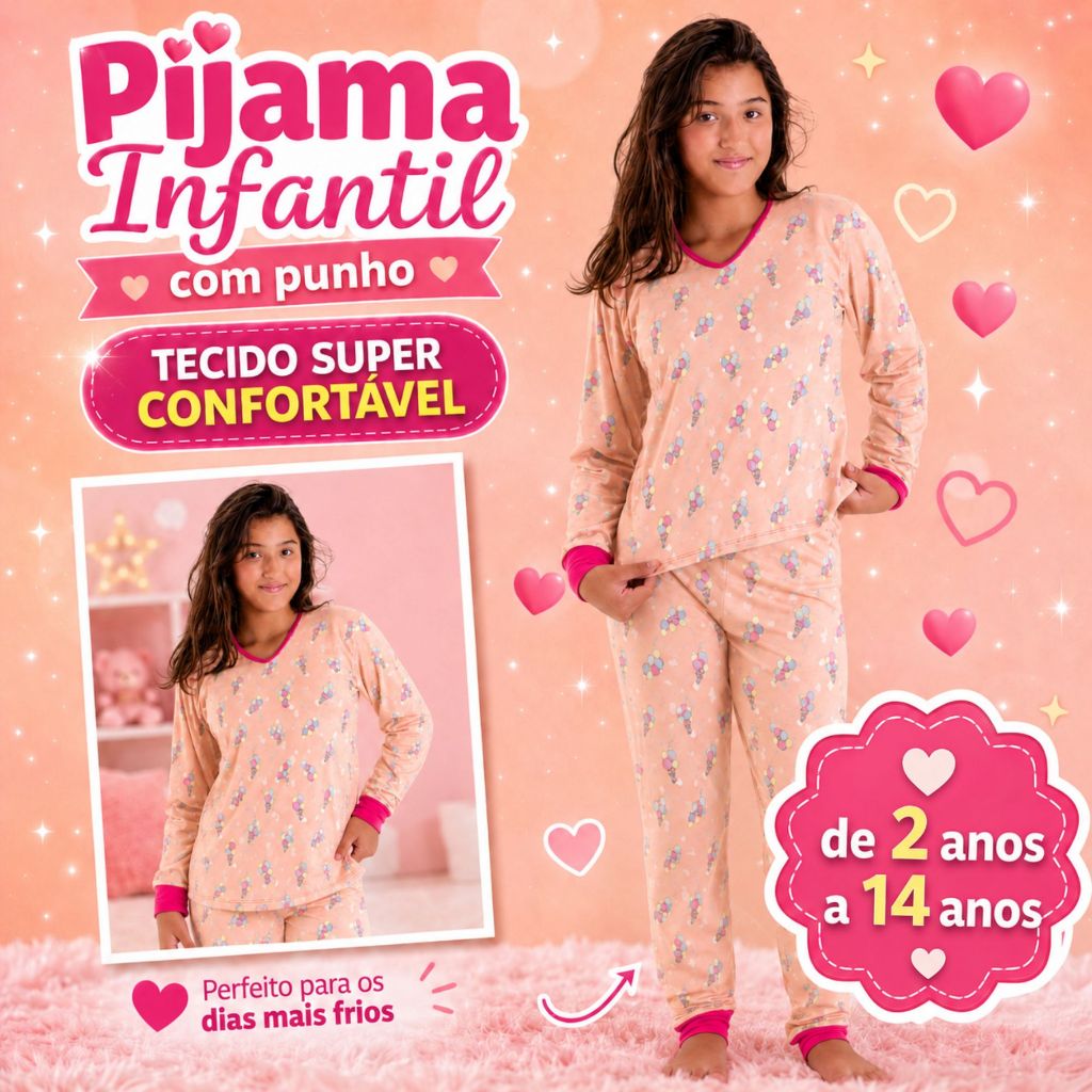 Pijama de Inverno Infantil Juvenil Menina Manga Comprida Tamanho 02 ao 14 Anos