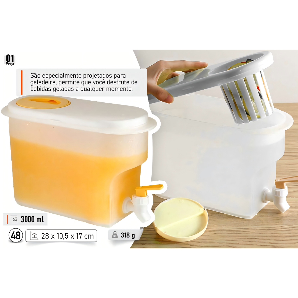 Suqueira Com Tampa Plastica Torneira 3 litros Com ou Sem Filtro Multiuso Para Geladeira Cozinha Copa