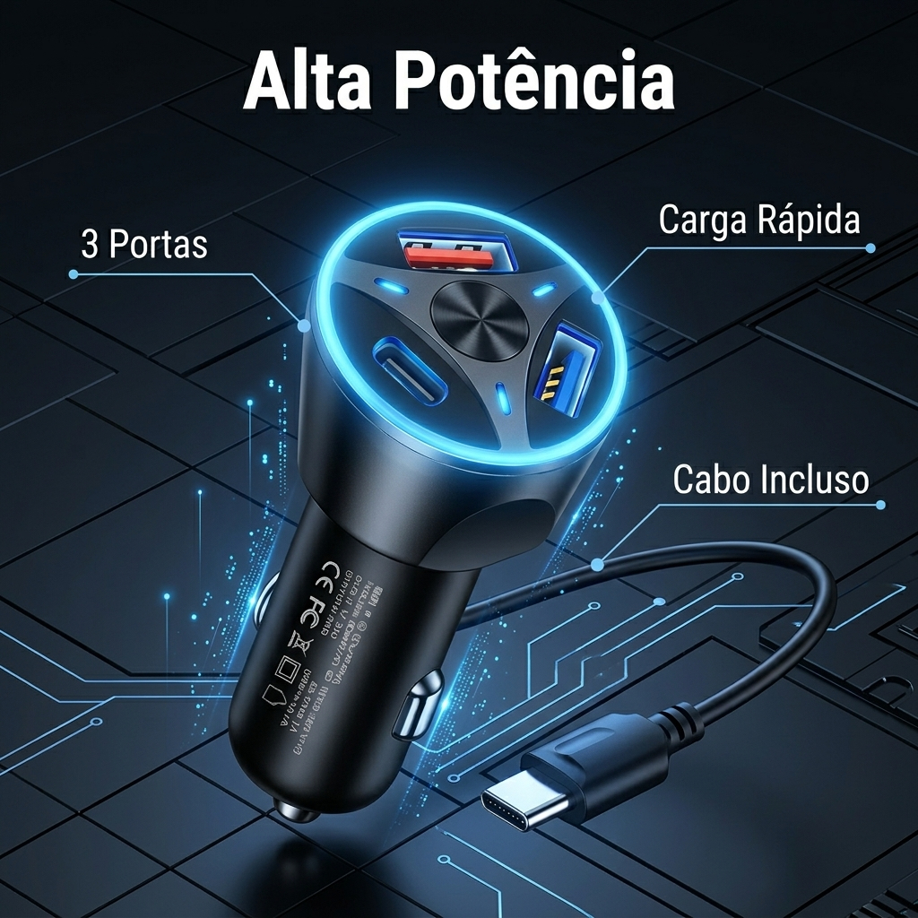 Carregador Veicular Turbo USB 3.0 USB-c USB 3.1A Carregamento Rapido 55w-Inclui cabo de carregamento