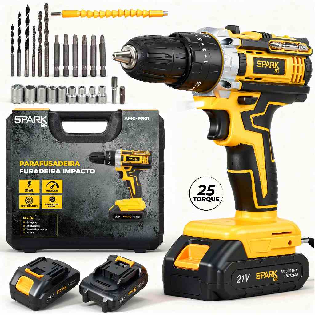 Parafusadeira Furadeira Sem Fio 21V 2 Baterias Bivolt Profissional Maleta Kit 26 Acessórios SparkBr