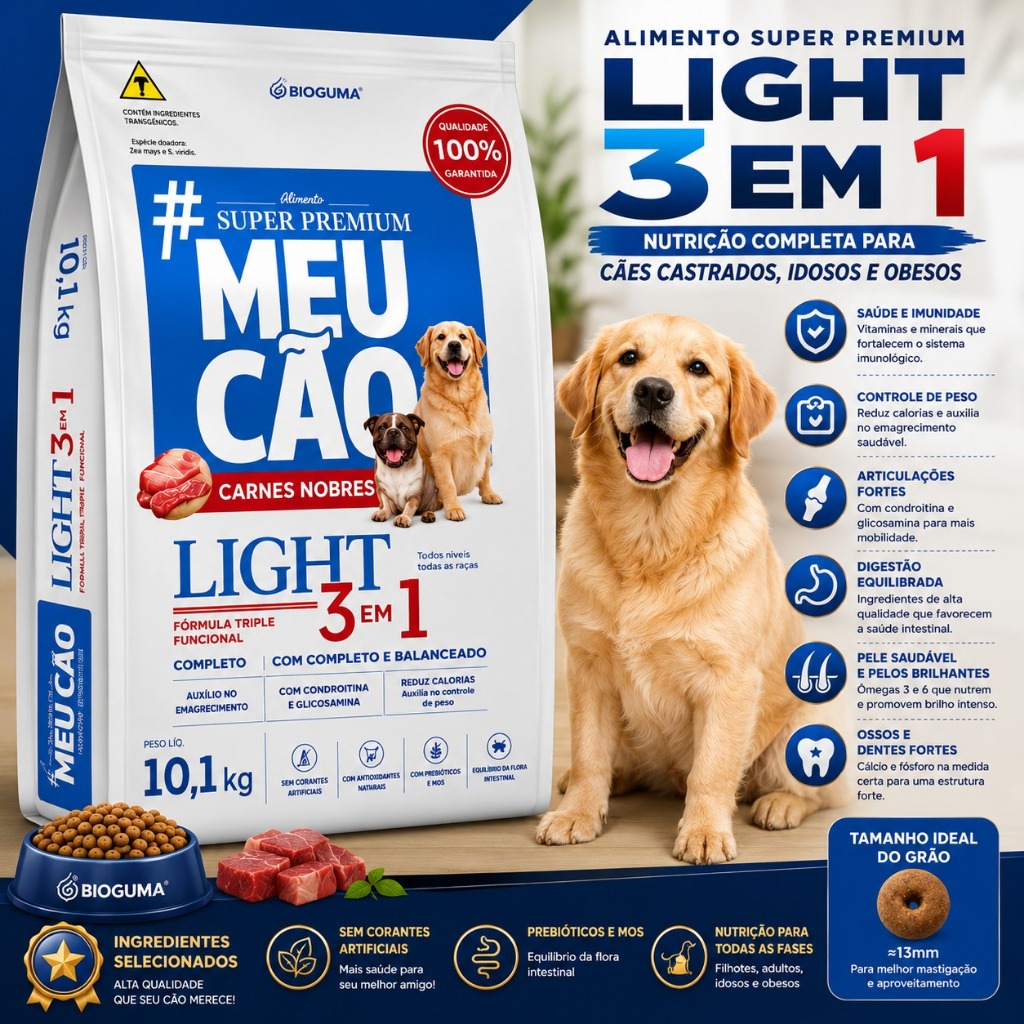 Ração Cachorro Light 10kg Meu Cão Prime 3 em 1 Castrado Idoso Obeso Carnes Nobres