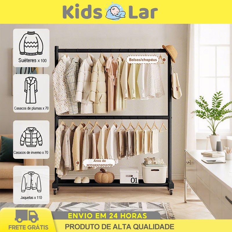 Arara de Roupas Multiuso Estendal Para Secar Colchas com Sapateira e Rack Cabideiro de Carbono com Rodinhas