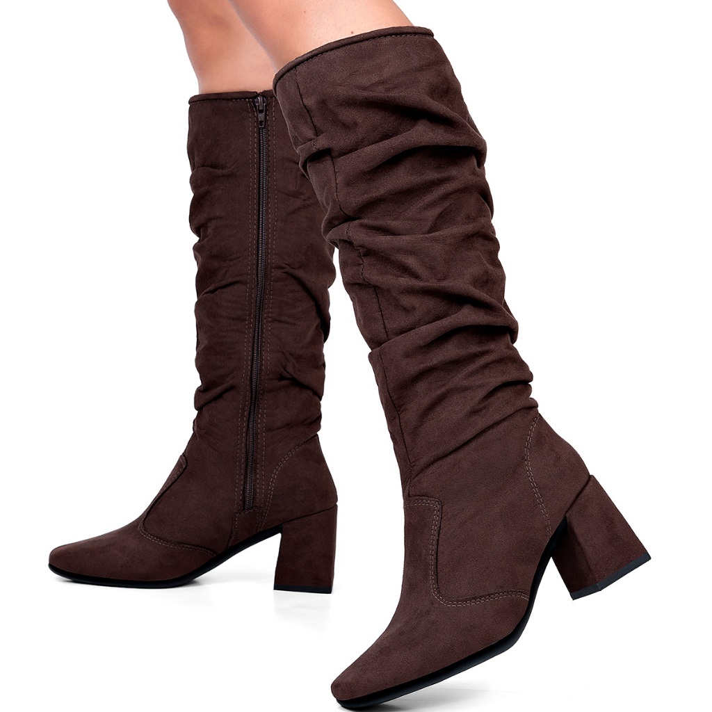 Bota Feminina Lumiss Camurça Suede Cano Alto Enrugado Salto Bloco Baixo Slouchy