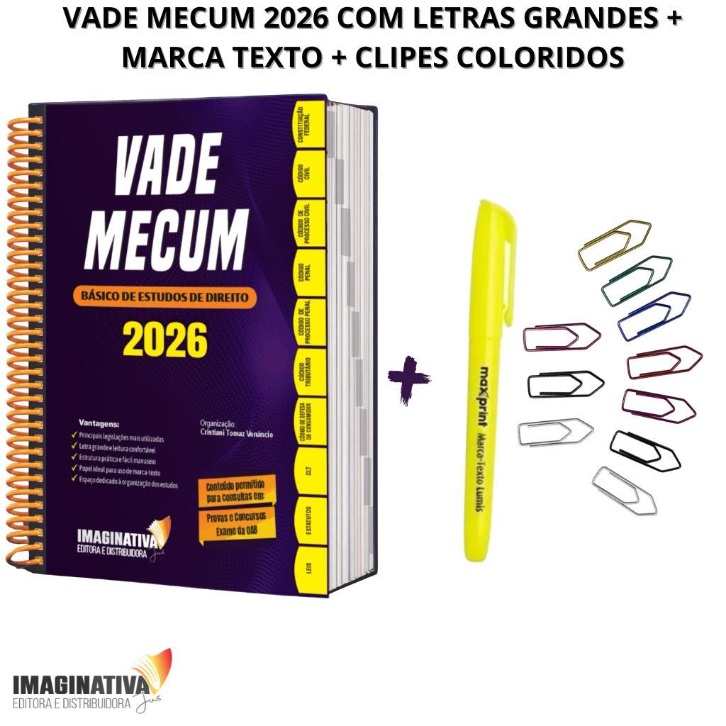Vade Mecum 2026 com letras grandes | Básico de Estudos de Direito + marca texto + clipes coloridos