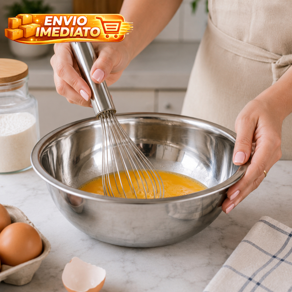 Kit Bowl Bacia Tigela De Aço Inox 38cm Saladeira E Massa + Batedor De Claras De Ovos