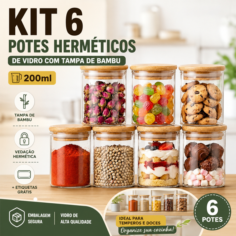 Kit 6 Potes de Vidro Herméticos 200ml Tampa de Bambu Organizador de Cozinha