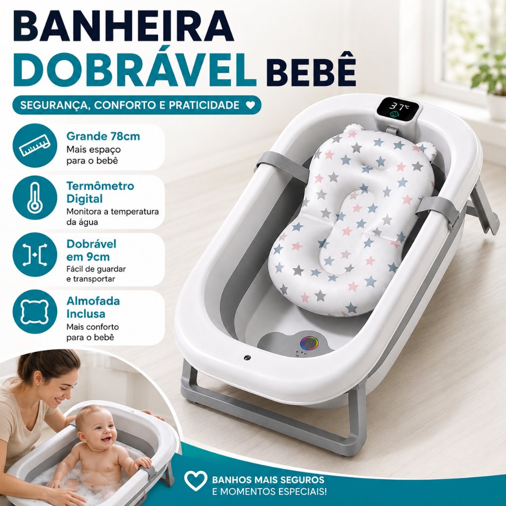 Banheira Bebê Portátil Dobrável com Termômetro Grande Confortável Antiderrapante Fácil Guardar