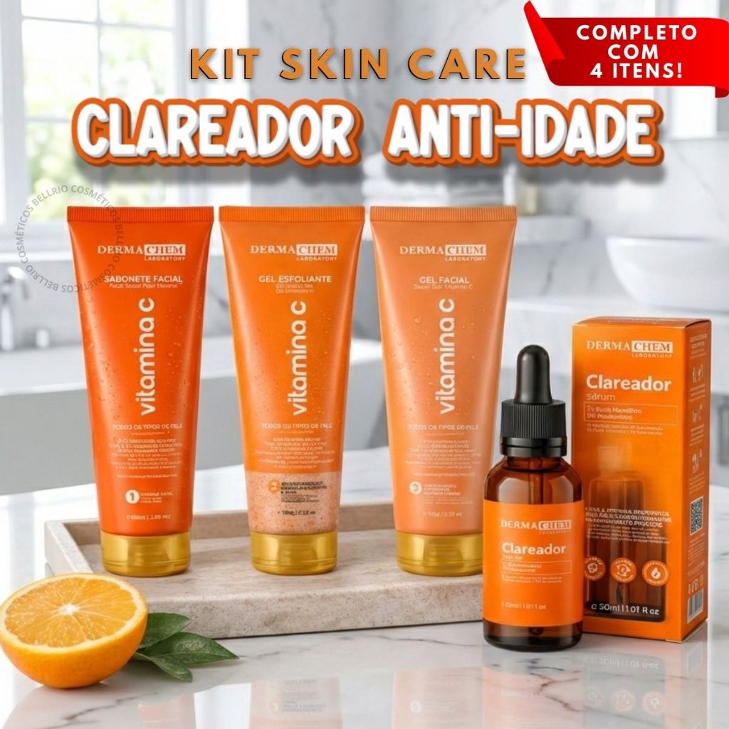 Kit Skin Care Clareador Vitamina C Anti-Idade Dermachem Completo 4 Itens