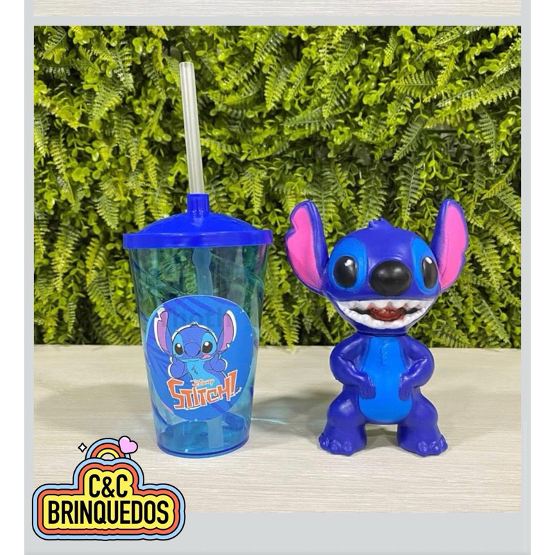 Boneco sttich 14 cm + copo acrílico 300ml personagem sttich azul ideal pra presente e lembrancinhas de 🎁