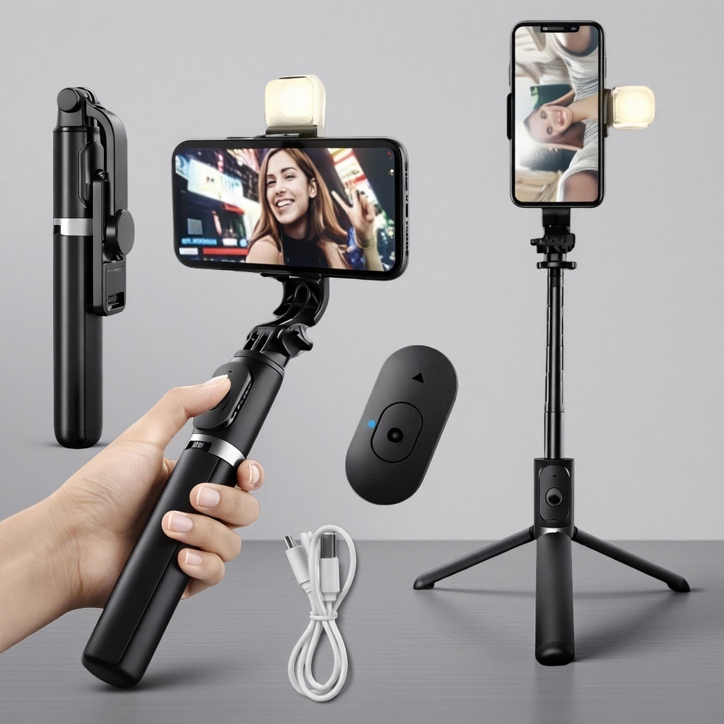 Tripé Selfie para Celular com Luz LED e Controle Bluetooth – Bastão de Selfie Ajustável com Tripé