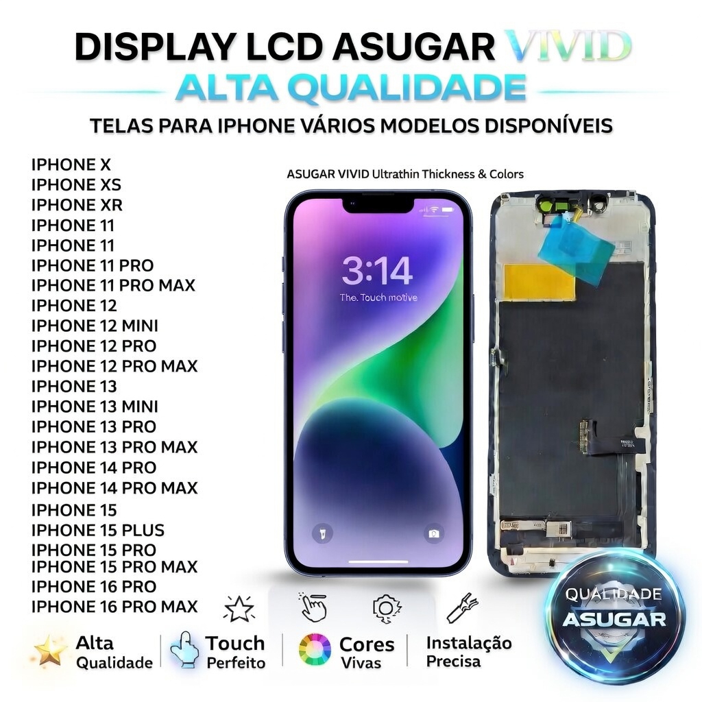 Display LCD Para IP Tela Touch Vivid Asugar Reposição X XR XS 11 12 13 14 15 16Pro Max Mini Plus