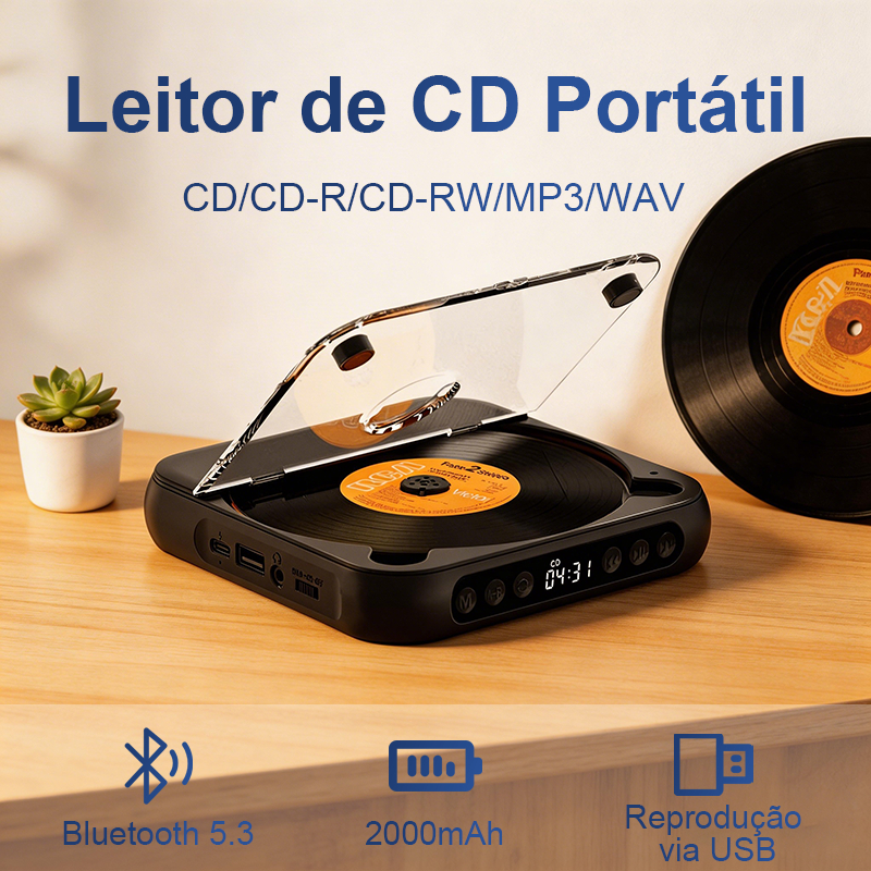 Leitor de CD Portátil Recarregável Com Fones de Ouvido CD Player Bluetooth Suporta USB/AUX CD-R CD-RW MP3 WMA