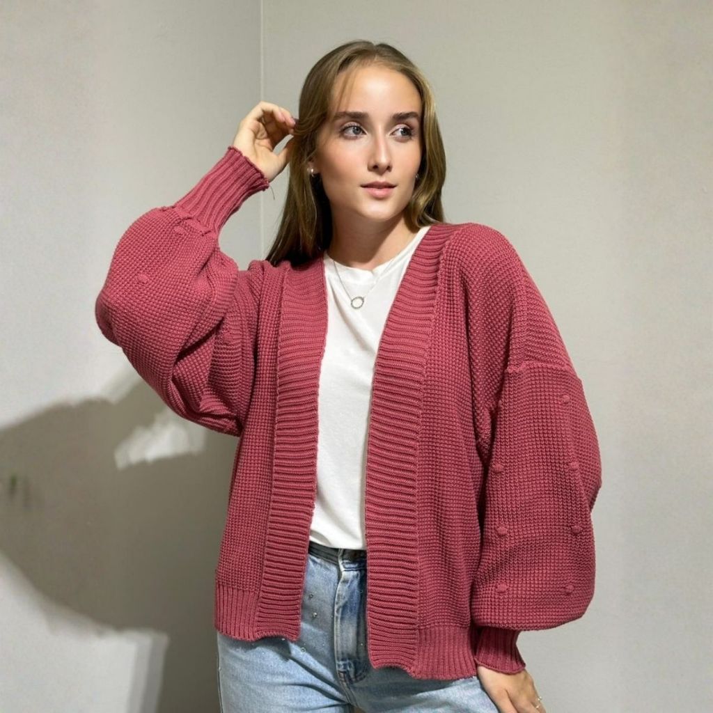 Casaco Tricot Curto Feminino Inverno Lã Cardigan Manga Bufante Ponto Fang Detalhado Moderno Estiloso