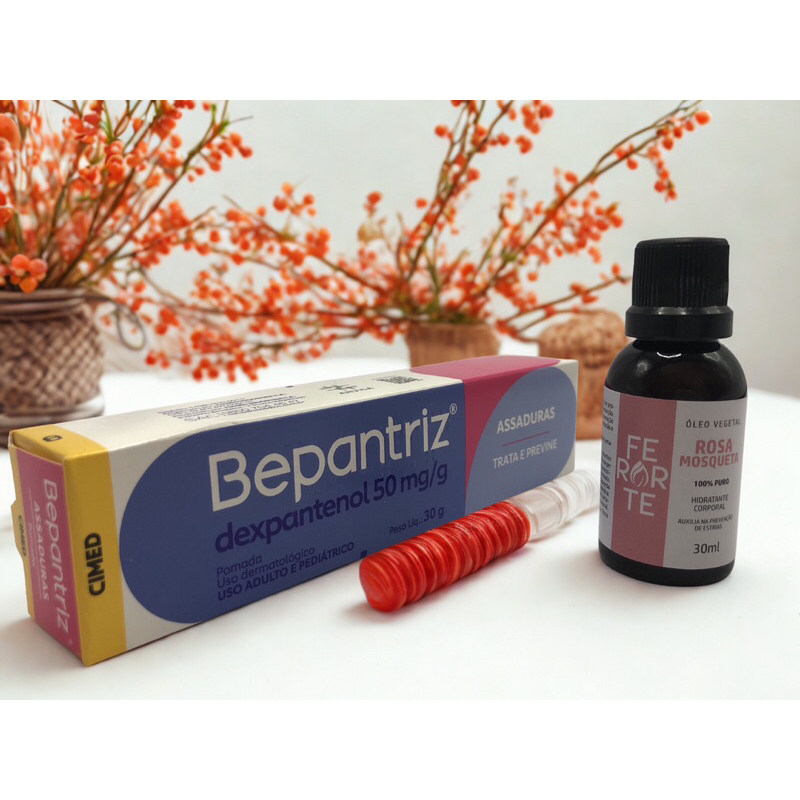 kit óleo de rosa mosqueta mais bepantriz clareamento facial, prevenção contra manchas solares