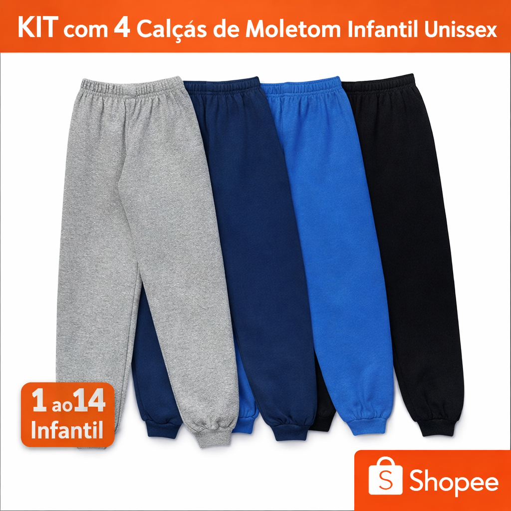 KIT 4 Un Calça Moletom Infantil 1 a 14 anos unissex menina e menino cores sortidas lisa alta qualidade