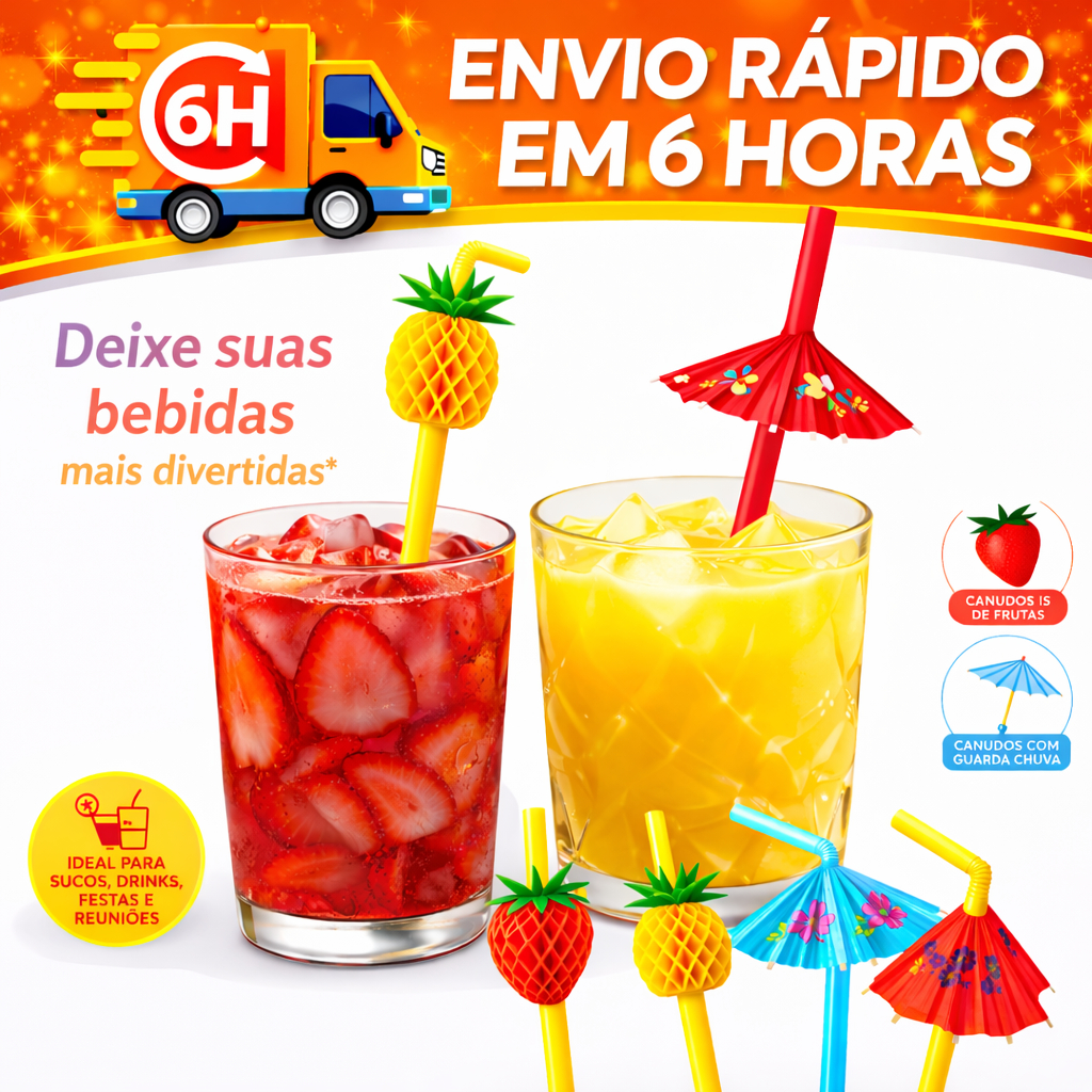 KIT 20/40/60/80/100 Canudo para Drink Guarda-Chuva Frutas Decorativo Descartável Festa Coquetel
