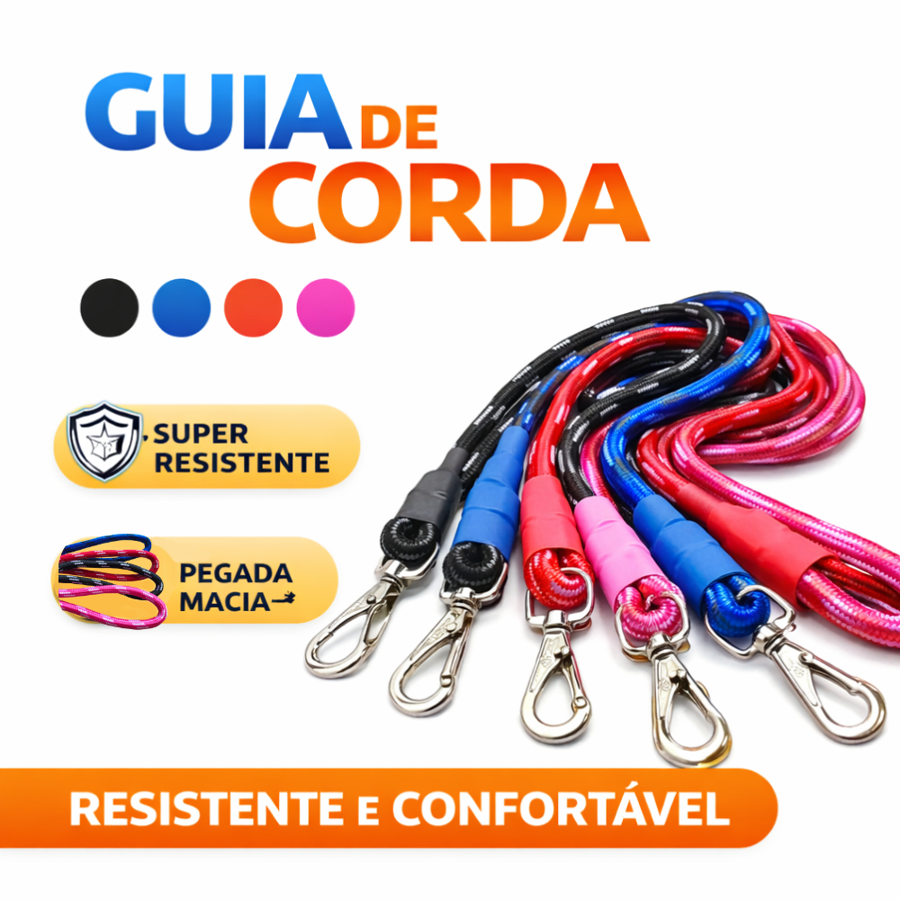 Guia de Corda 1,2m Reforçada Resistente Pet Cachorro Caes Mosquetão Acabamento Termo Retratil