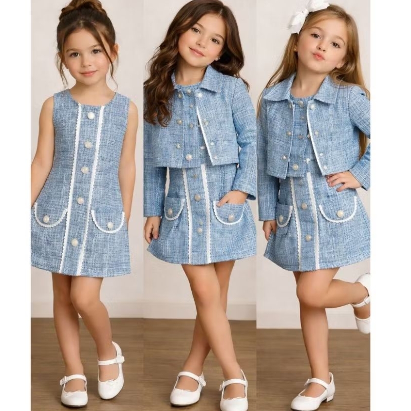 Conjunto infantil vestido e casaco em tecido tweed