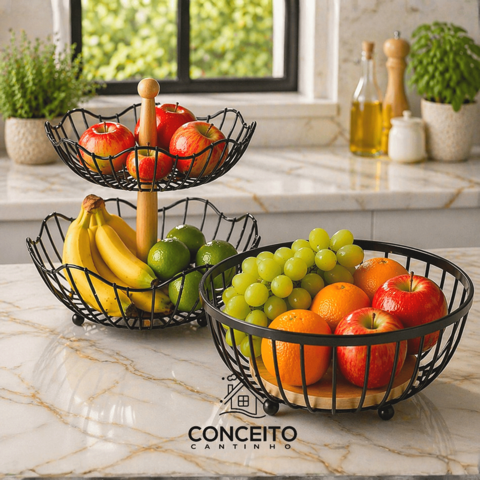 Fruteira de Mesa Rustica de Ferro e Bambu para Café da Manhã Multiuso Metal Preto Cesto Organizador