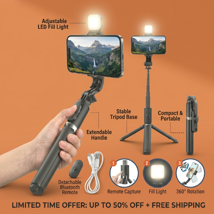 Tripé Selfie para Celular com Luz LED e Bluetooth – Bastão Selfie Ajustável com Tripé