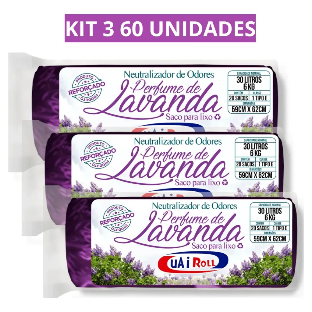 Saco De Lixo Kit 3 Rolos 30 Litros com 60 Unidades Reforçado Resistente Perfumado Lavanda