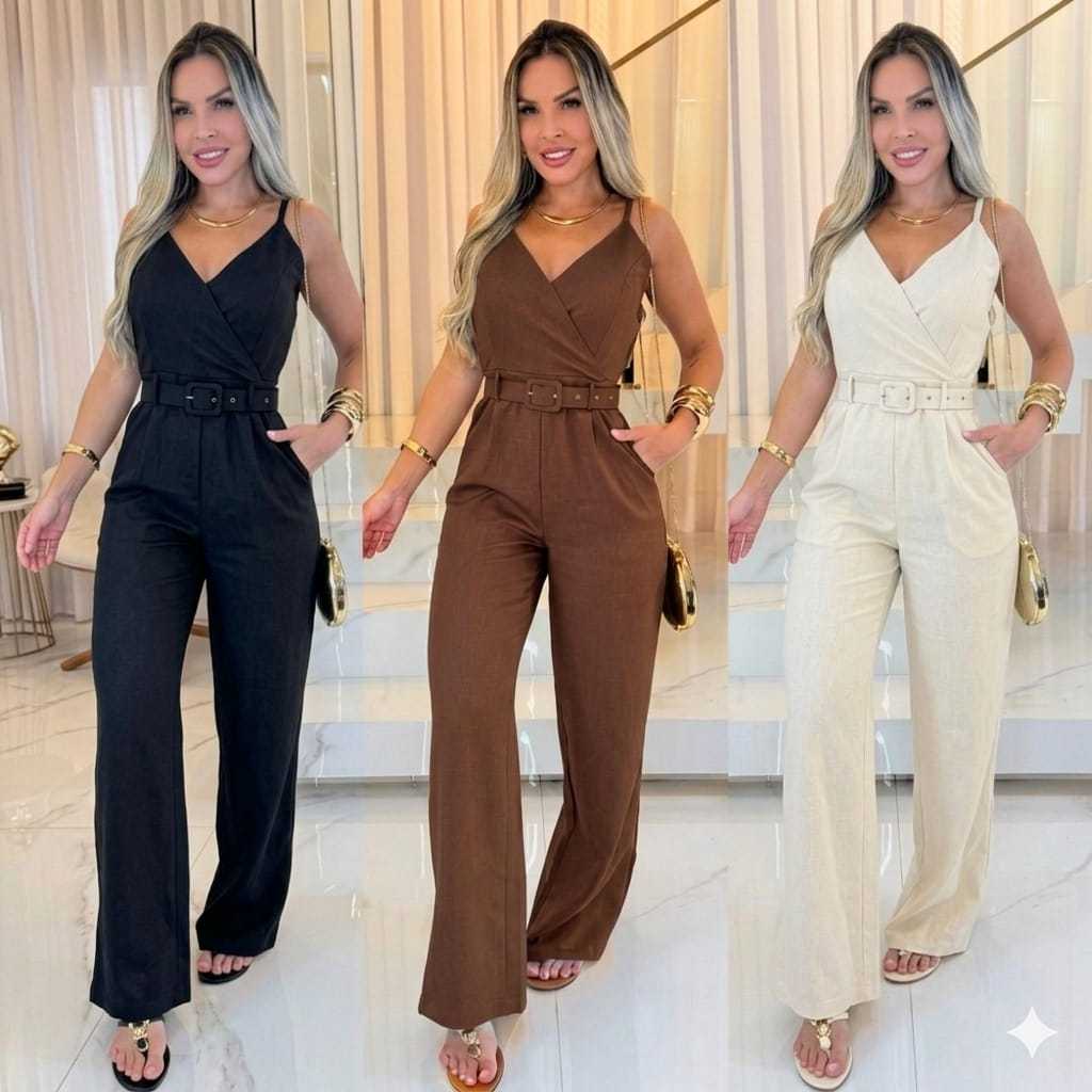 Macacão Feminina Alfaiateria Elegante com Cinto Premium Bolso e Cinto