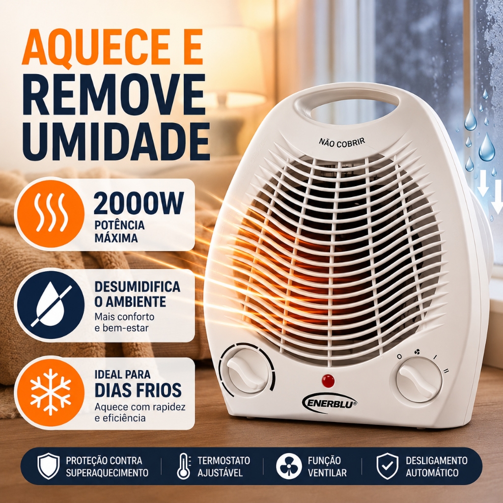 Aquecedor Elétrico 2000W Desumidificador Anti Mofo e Umidade com Termostato